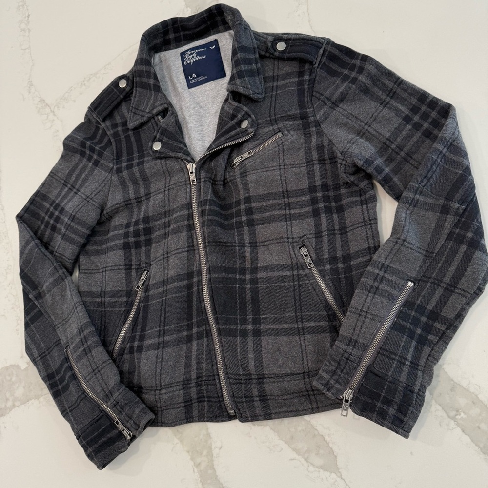 Y2K American Eagle Asymmetrical Plaid Moto Full Zip Jacket Women’s Large Gray - Picture 2 of 8